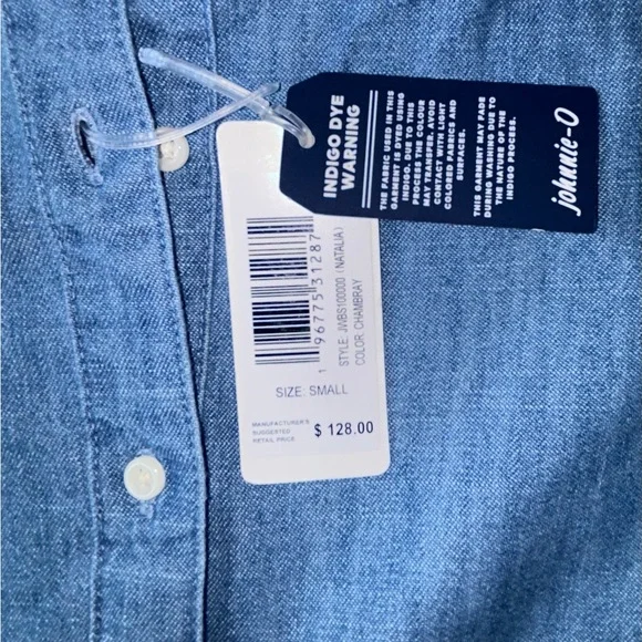 johnnie-O Natalia Chambray Blue 100% Cotton Puff Sleeve Button Blouse Small NWT - Picture 7 of 13